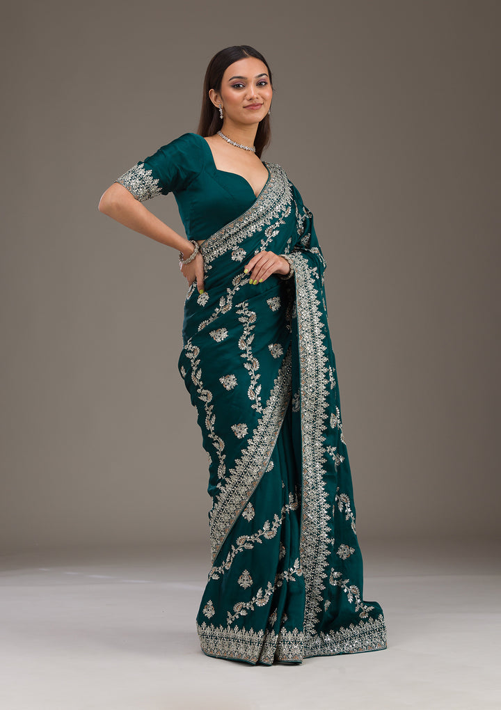 Bottle Green Satin Silver Zariwork Saree With Matching Blouse Piece