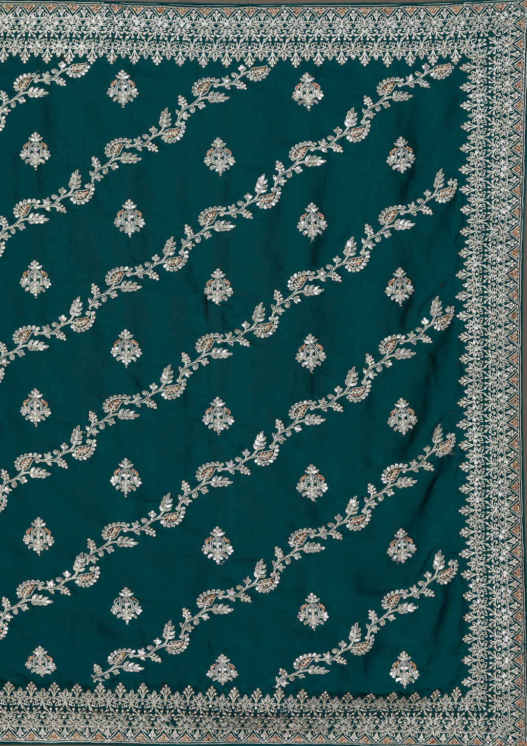 Bottle Green Satin Silver Zariwork Saree With Matching Blouse Piece