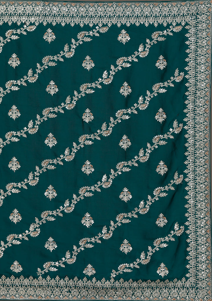 Bottle Green Satin Silver Zariwork Saree With Matching Blouse Piece