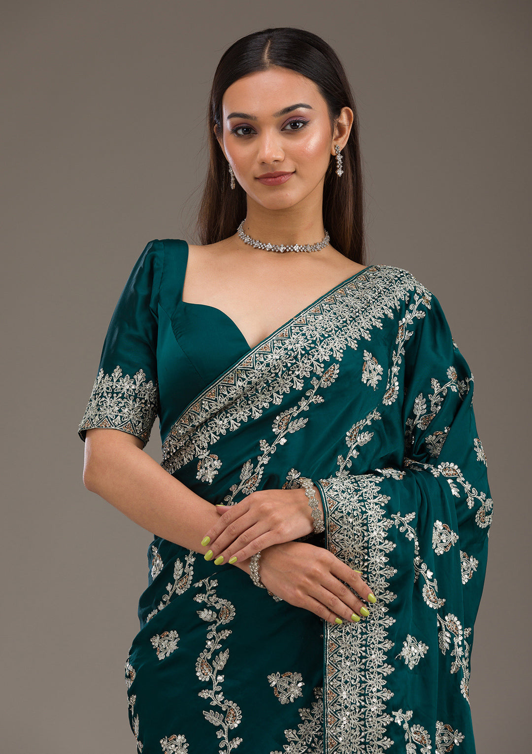 Bottle Green Satin Silver Zariwork Saree With Matching Blouse Piece