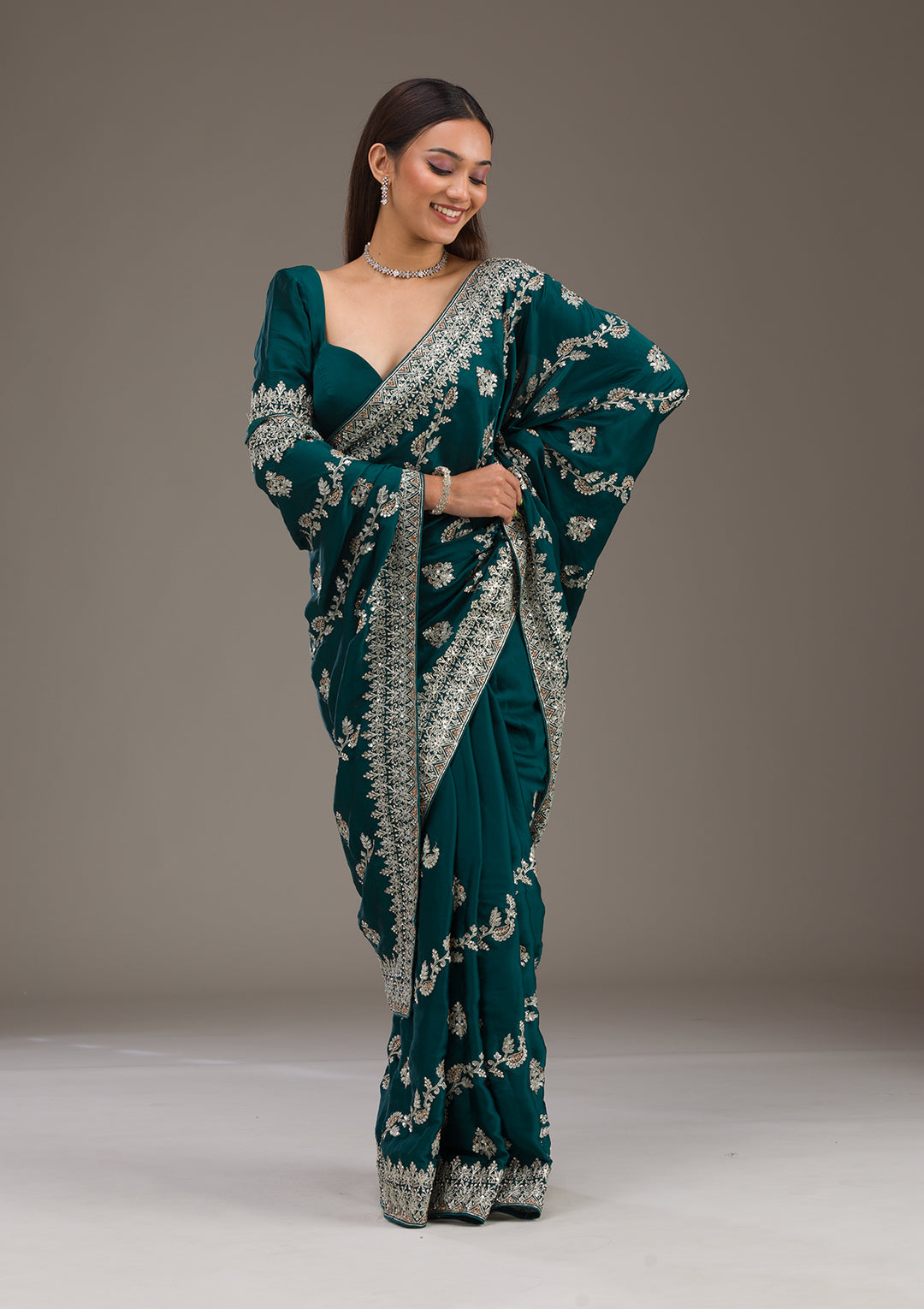 Bottle Green Satin Silver Zariwork Saree With Matching Blouse Piece