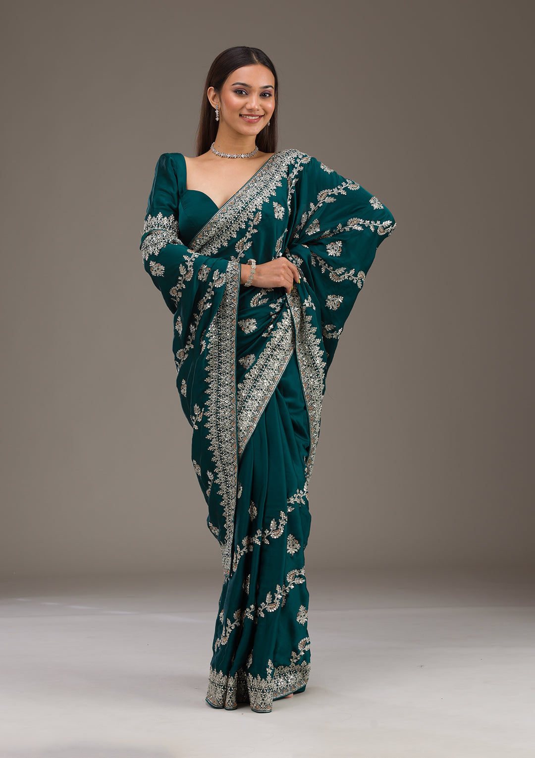 Bottle Green Satin Silver Zariwork Saree With Matching Blouse Piece