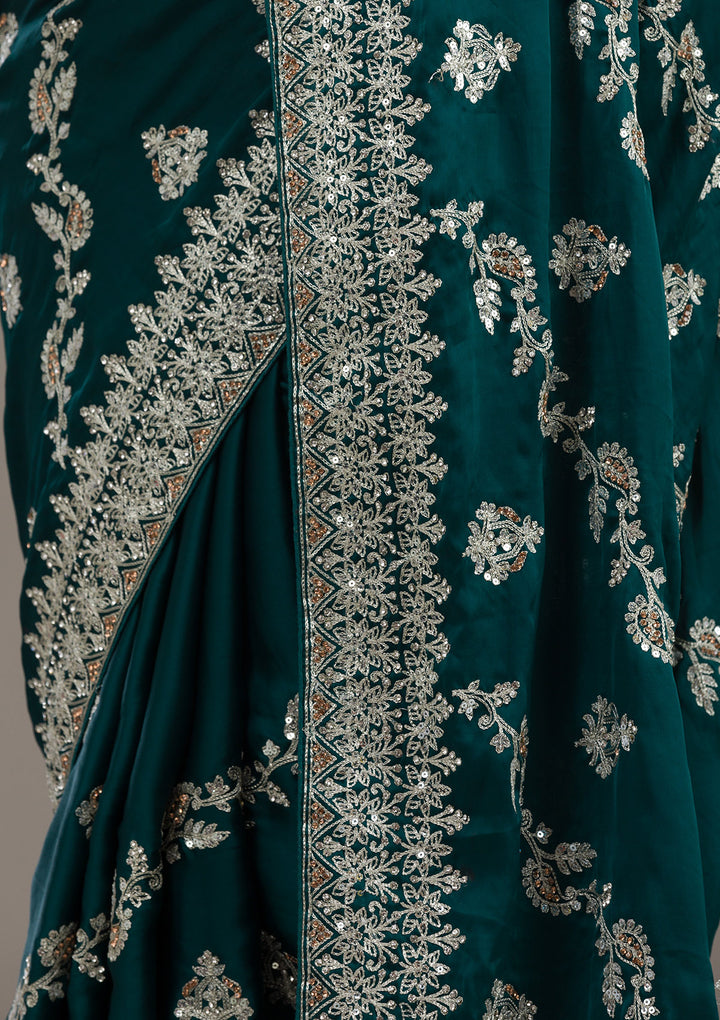 Bottle Green Satin Silver Zariwork Saree With Matching Blouse Piece