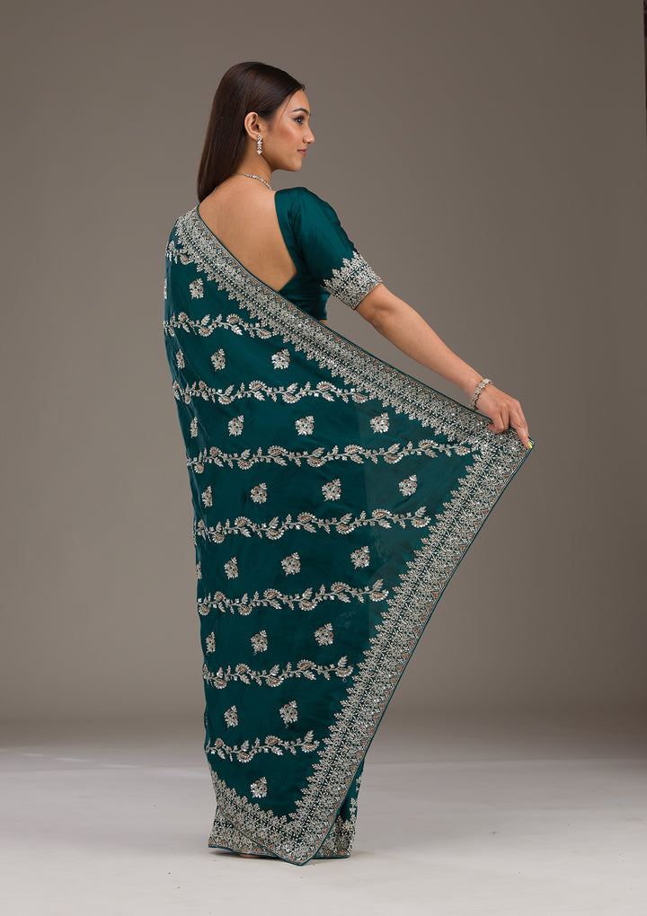 Bottle Green Satin Silver Zariwork Saree With Matching Blouse Piece