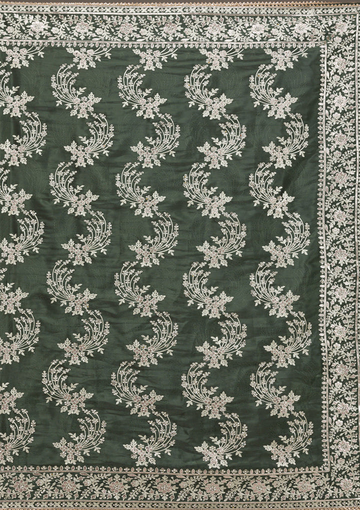 Bottle Green Threadwork Tissue Saree