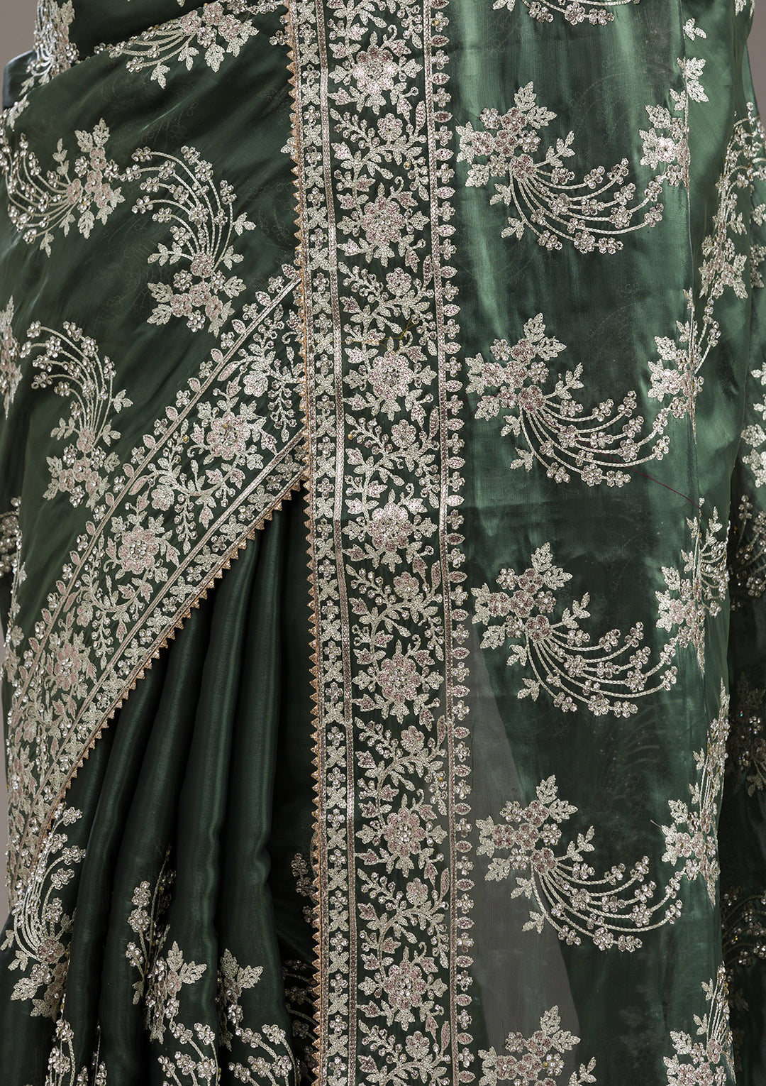 Bottle Green Threadwork Tissue Saree
