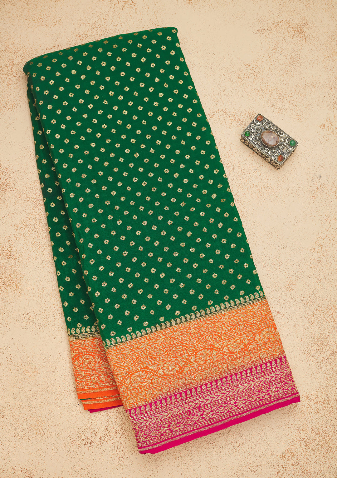 Bottle Green Zariwork (Gold) Georgette Silk Saree