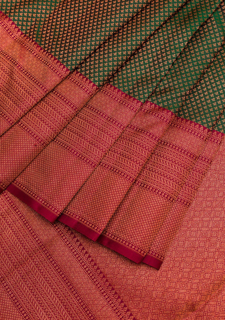 Bottle Green Silk Jaal Antique Zariwork Saree With Matching Blouse Piece