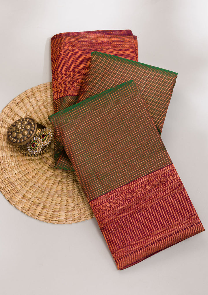 Bottle Green Zariwork Pure Silk Saree-Koskii