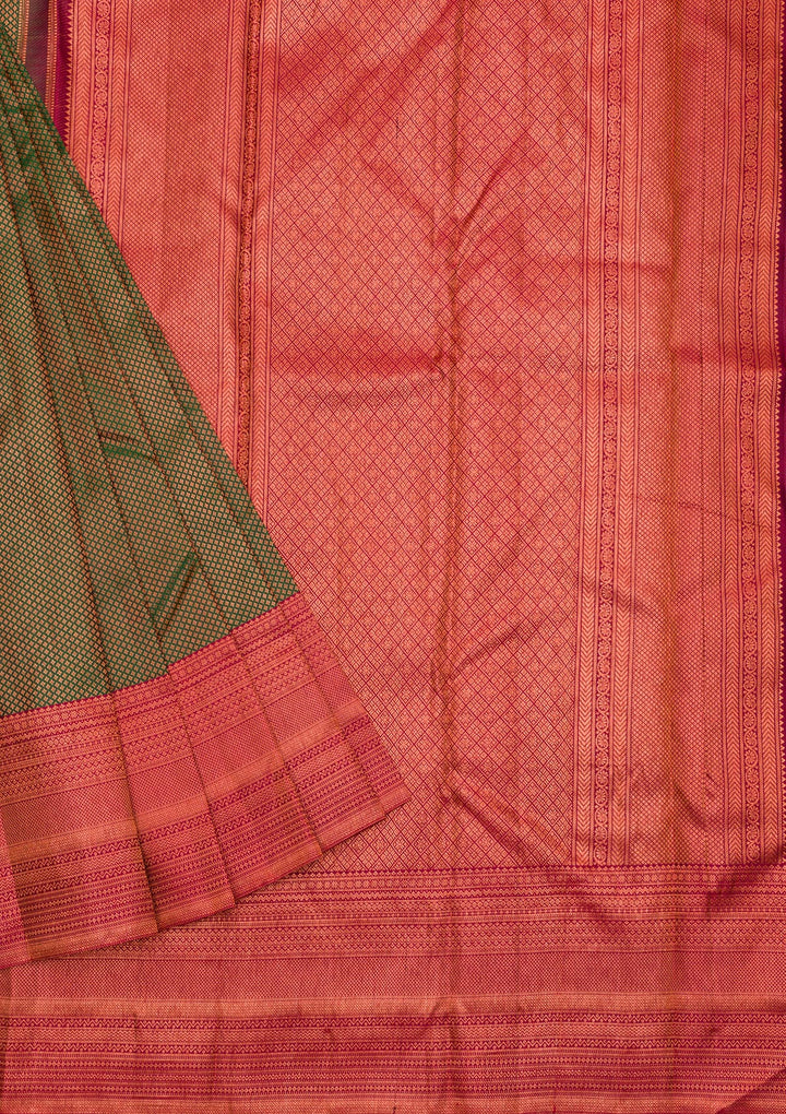 Bottle Green Silk Jaal Antique Zariwork Saree With Matching Blouse Piece