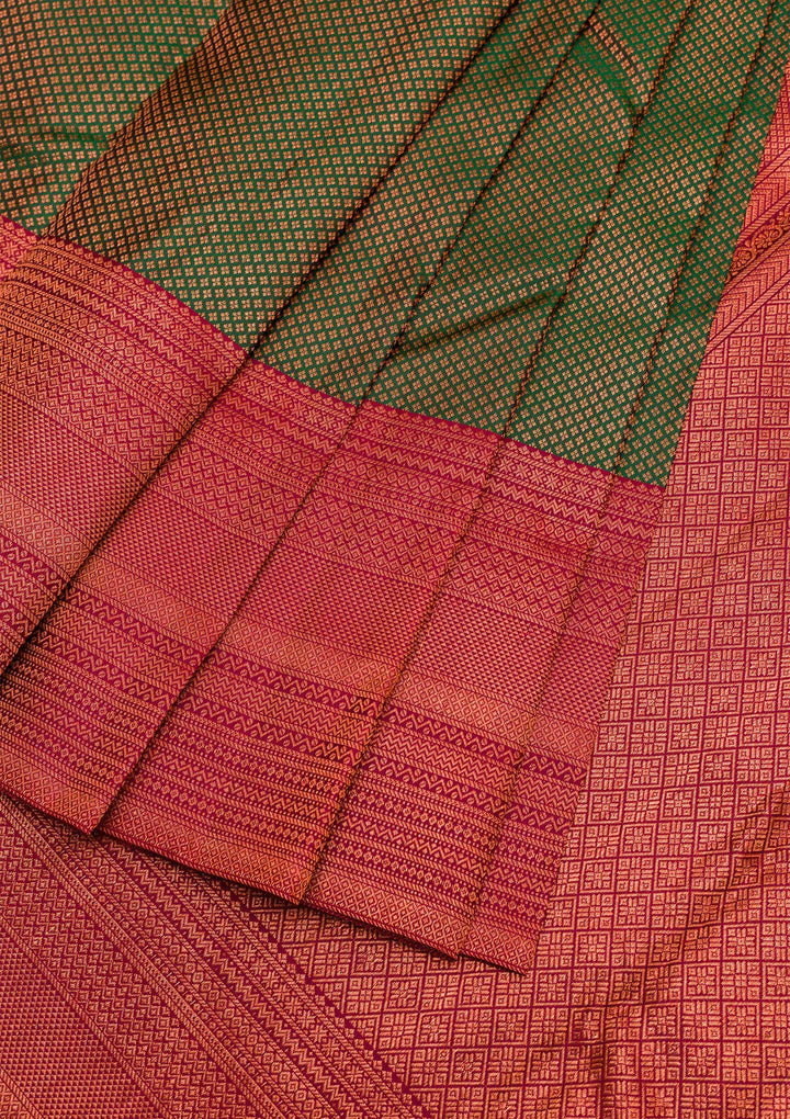 Bottle Green Silk Jaal Antique Zariwork Saree With Matching Blouse Piece
