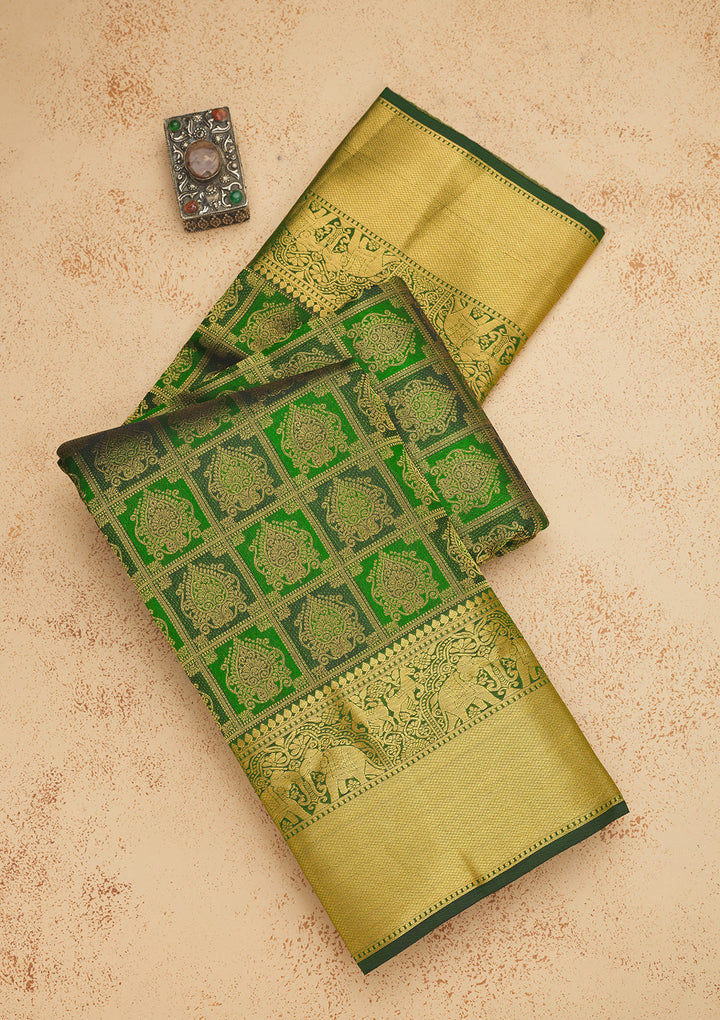 Bottle Green Pure Silk Jaal Gold Zariwork Saree With Matching Blouse Piece