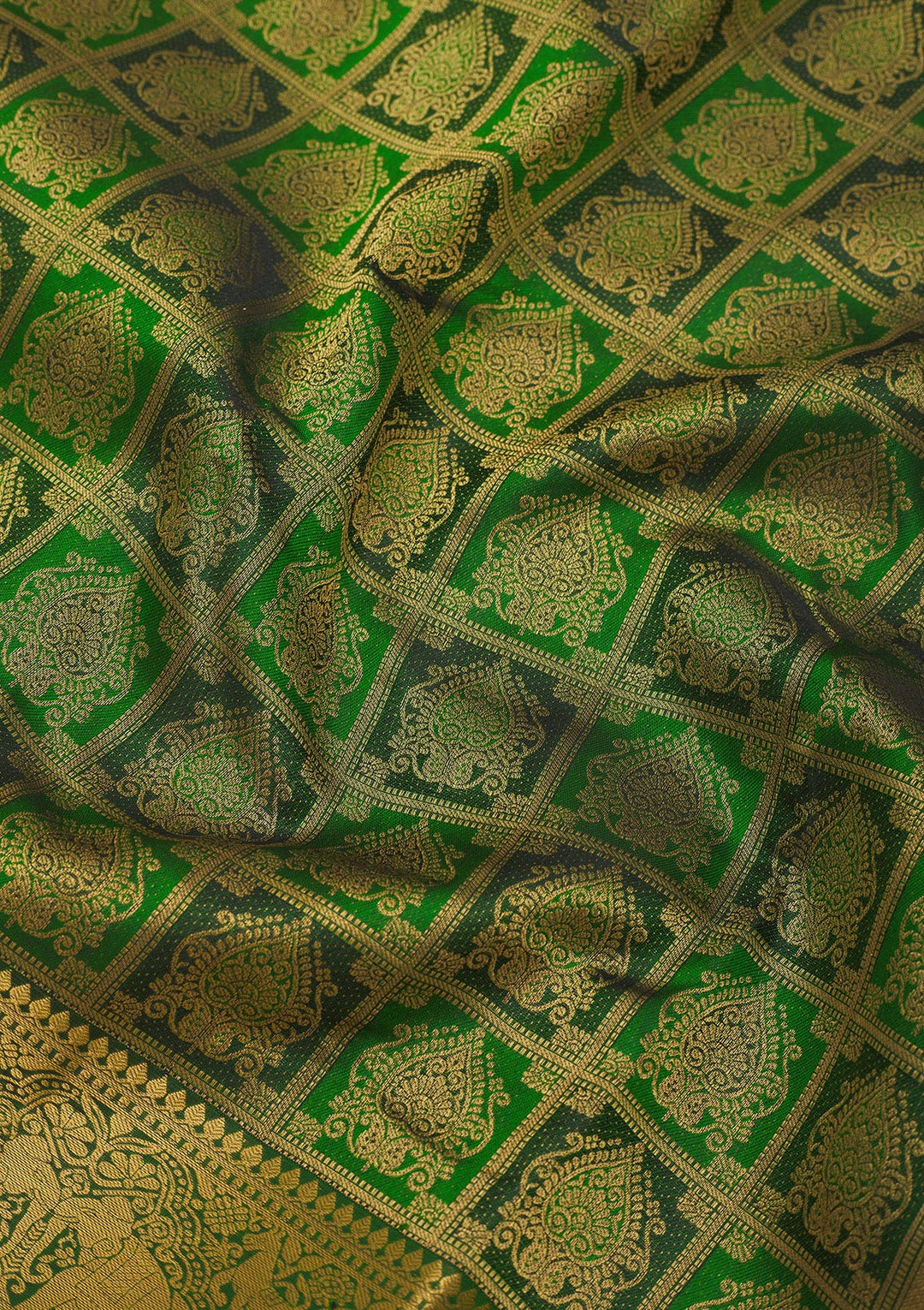 Bottle Green Pure Silk Jaal Gold Zariwork Saree With Matching Blouse Piece