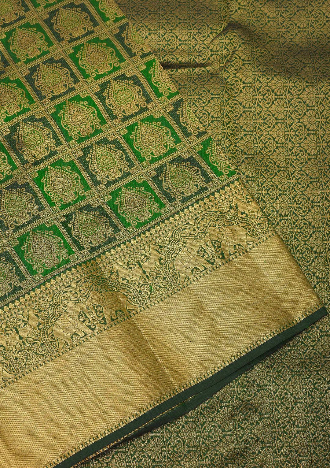 Bottle Green Pure Silk Jaal Gold Zariwork Saree With Matching Blouse Piece