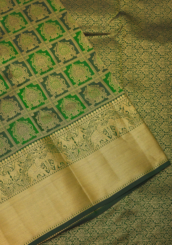 Bottle Green Pure Silk Jaal Gold Zariwork Saree With Matching Blouse Piece