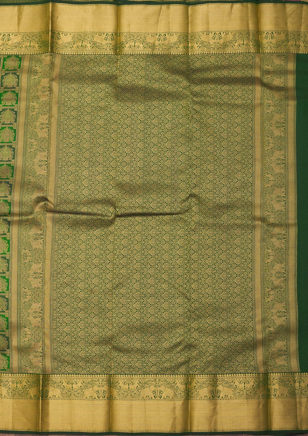 Bottle Green Pure Silk Jaal Gold Zariwork Saree With Matching Blouse Piece