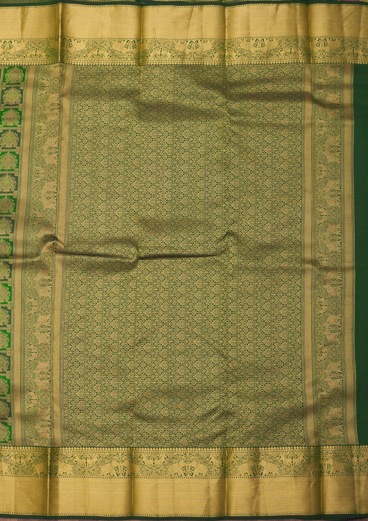 Bottle Green Pure Silk Jaal Gold Zariwork Saree With Matching Blouse Piece