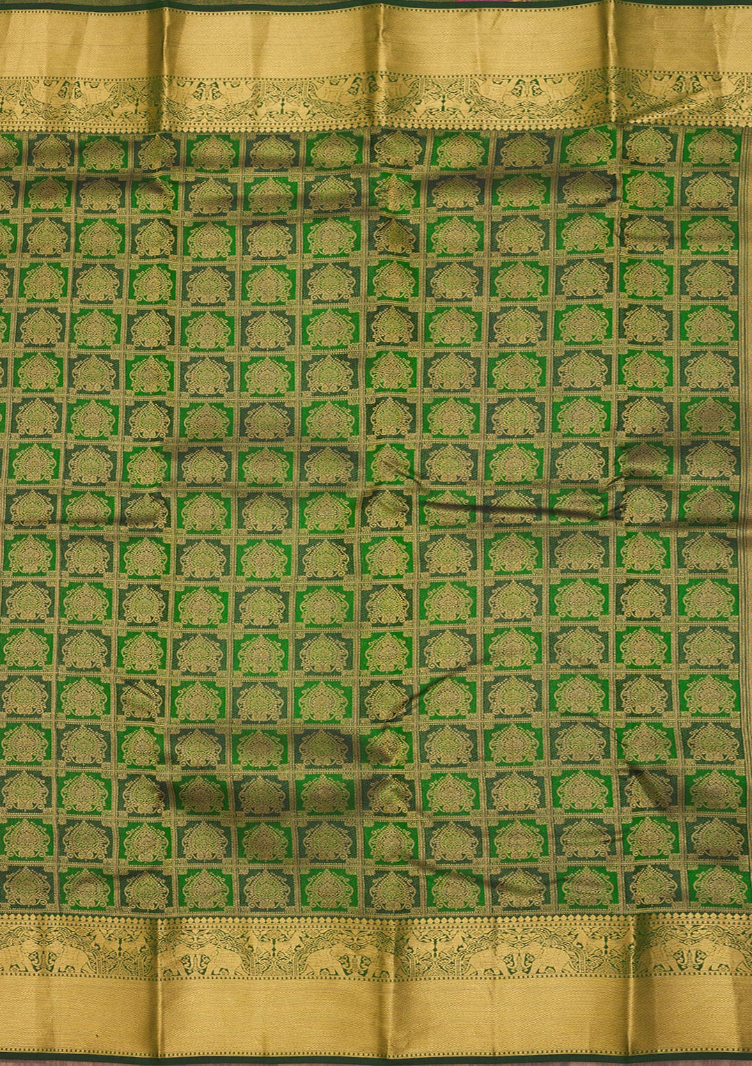 Bottle Green Pure Silk Jaal Gold Zariwork Saree With Matching Blouse Piece