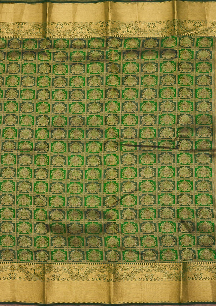 Bottle Green Pure Silk Jaal Gold Zariwork Saree With Matching Blouse Piece