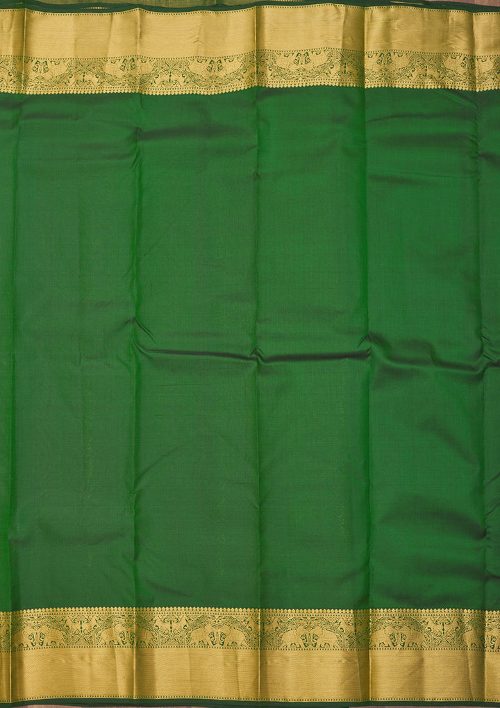 Bottle Green Pure Silk Jaal Gold Zariwork Saree With Matching Blouse Piece