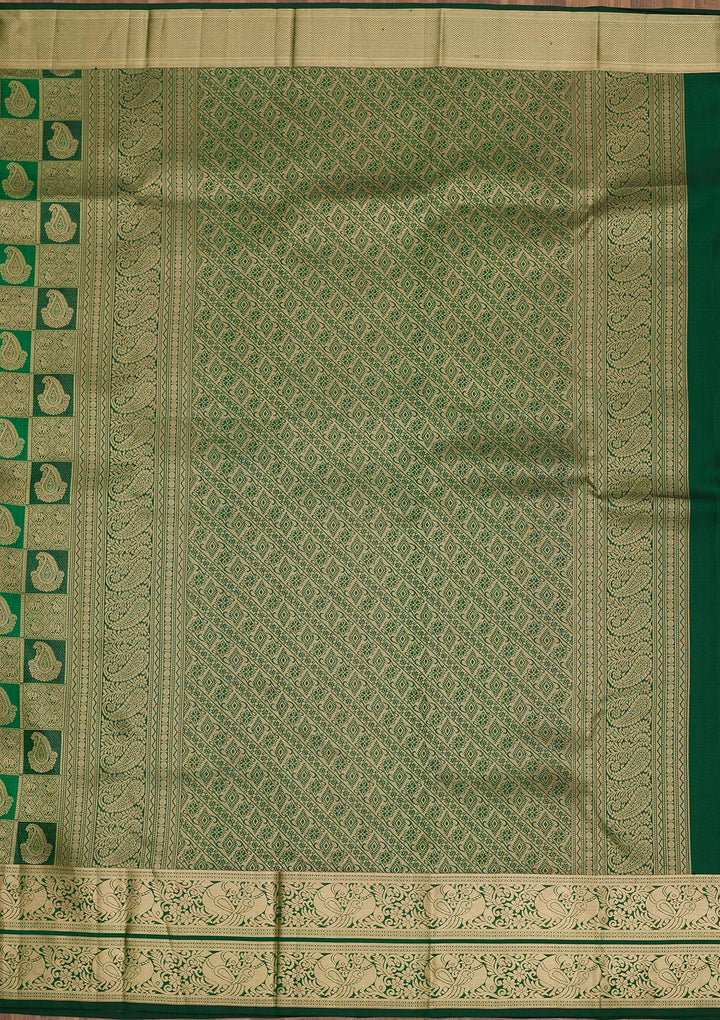 Bottle Green Pure Silk Jaal Silver Zariwork Saree With Matching Blouse Piece