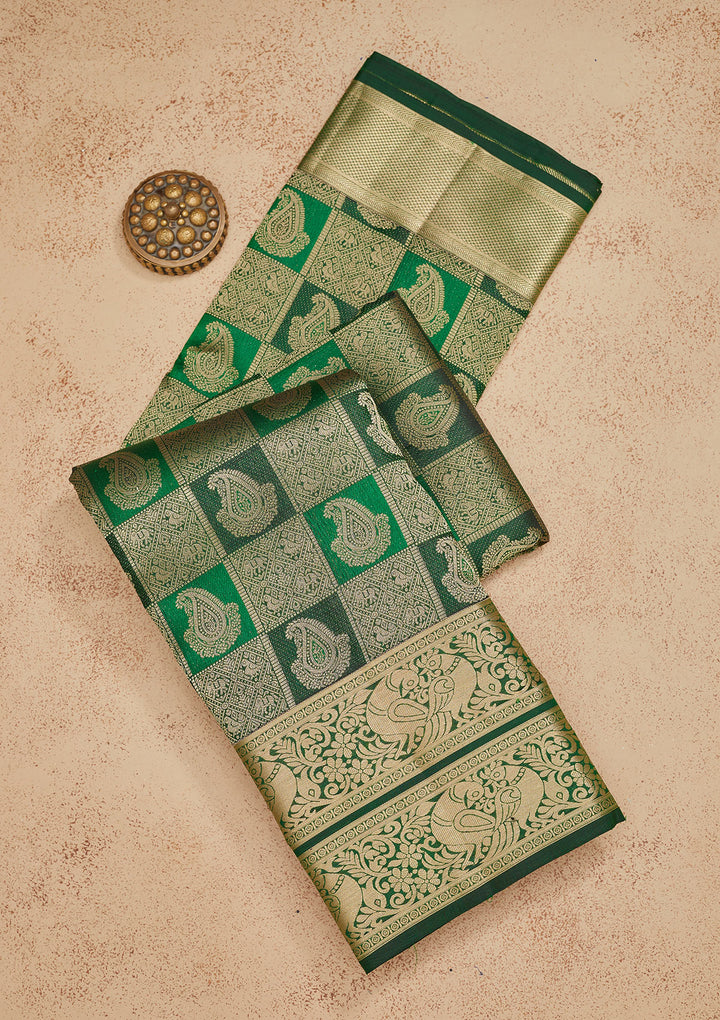 Bottle Green Pure Silk Jaal Silver Zariwork Saree With Matching Blouse Piece