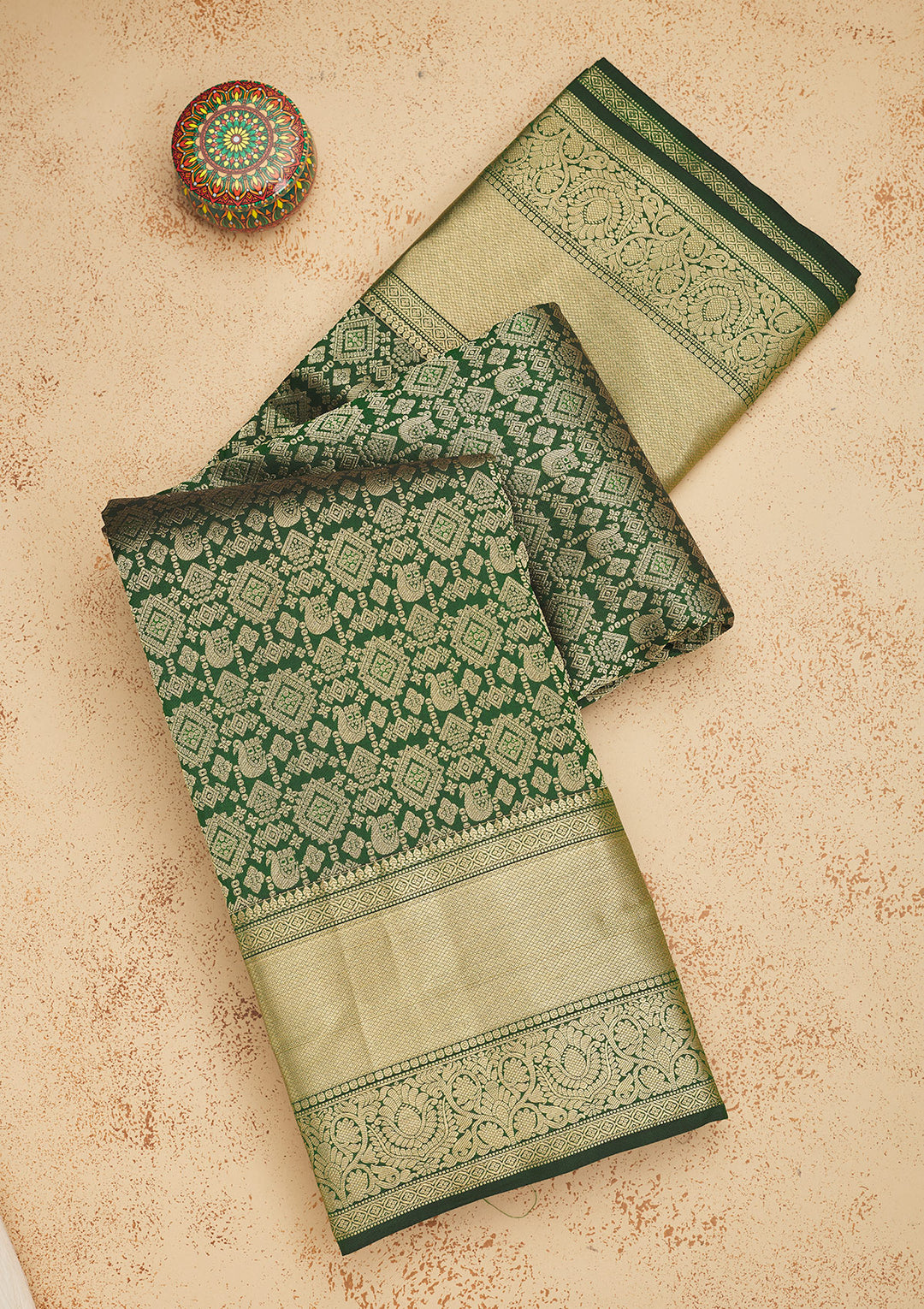 Bottle Green Silk Jaal Gold Zariwork Saree With Matching Blouse Piece