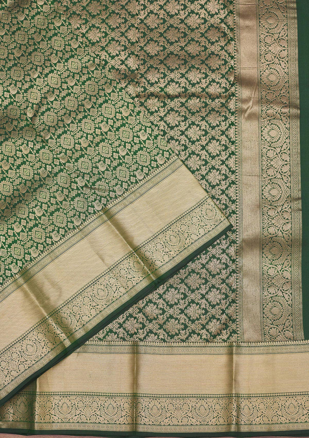 Bottle Green Silk Jaal Gold Zariwork Saree With Matching Blouse Piece