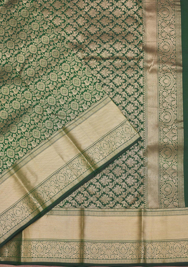 Bottle Green Silk Jaal Gold Zariwork Saree With Matching Blouse Piece