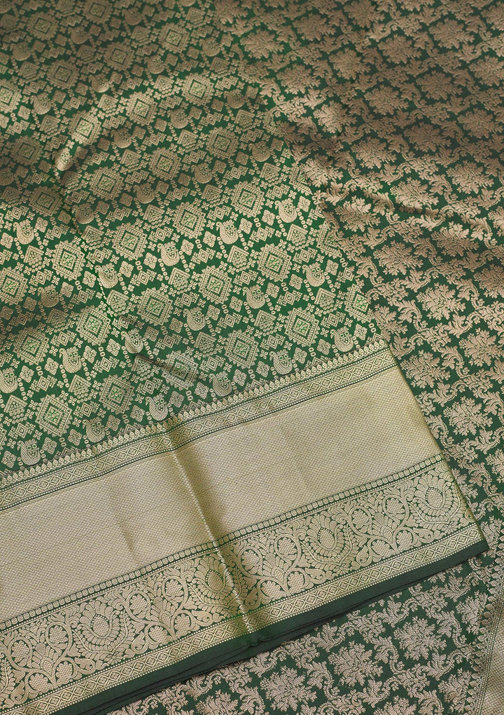 Bottle Green Silk Jaal Gold Zariwork Saree With Matching Blouse Piece
