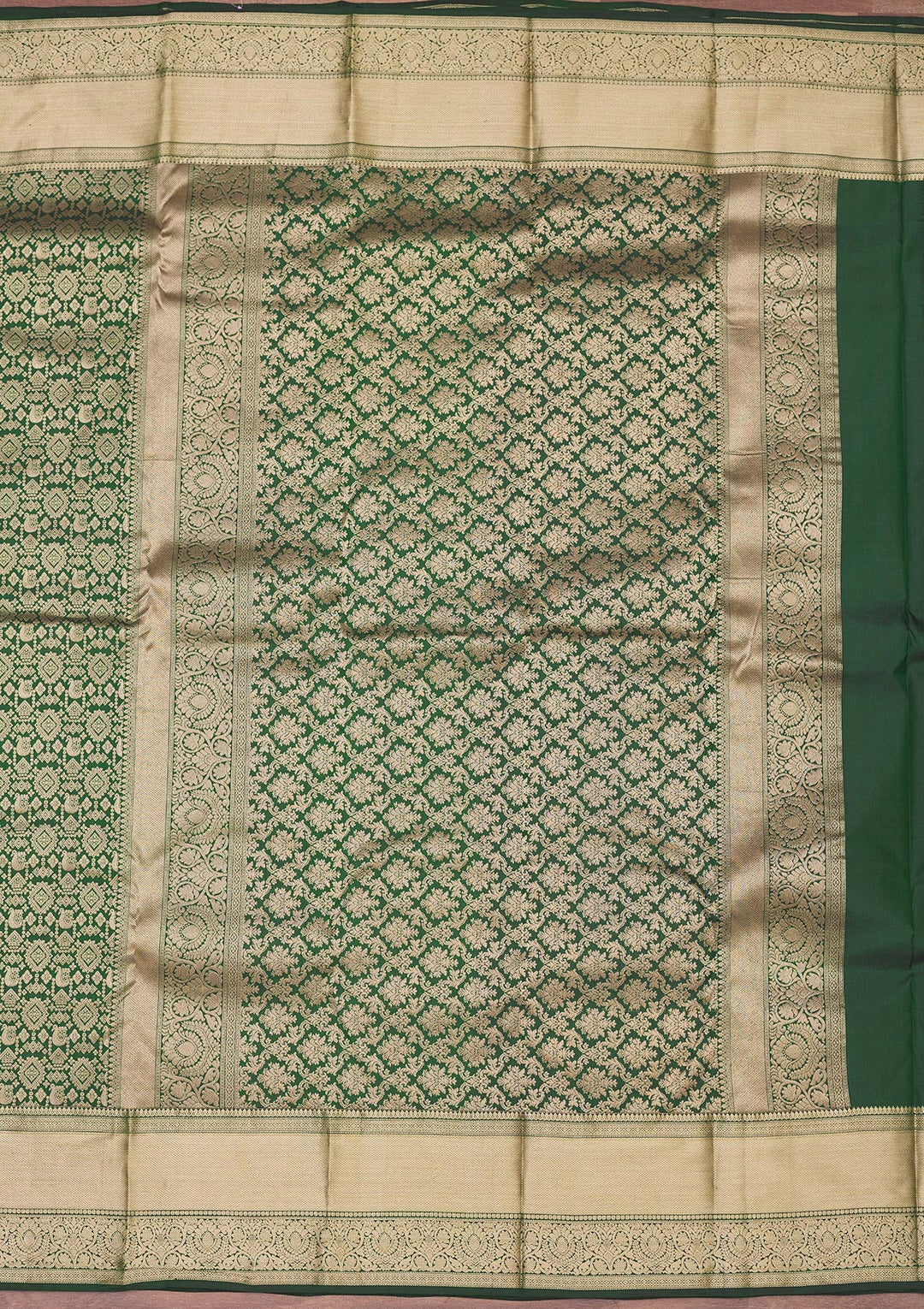 Bottle Green Silk Jaal Gold Zariwork Saree With Matching Blouse Piece