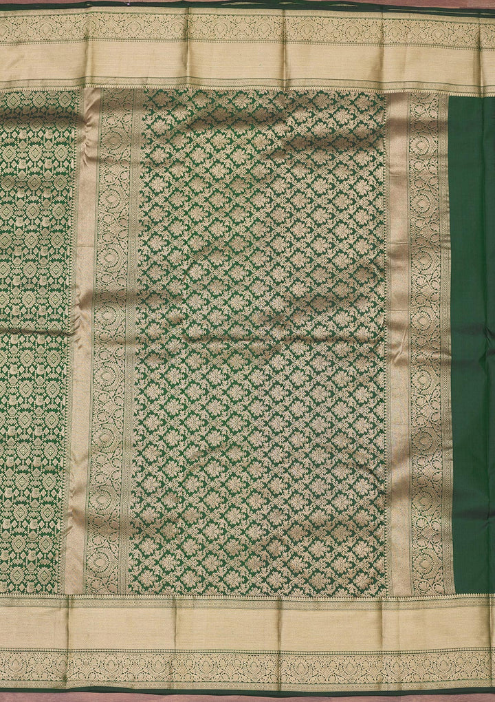 Bottle Green Silk Jaal Gold Zariwork Saree With Matching Blouse Piece