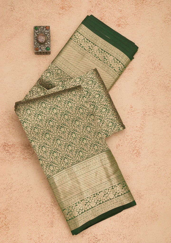 Bottle Green Silk Jaal Gold Zariwork Saree With Matching Blouse Piece