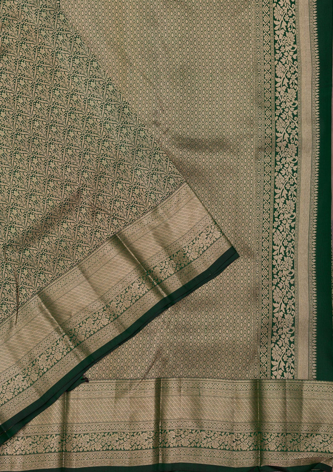 Bottle Green Silk Jaal Gold Zariwork Saree With Matching Blouse Piece