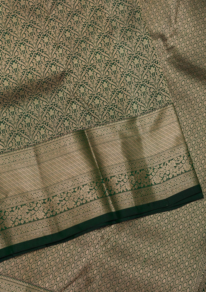 Bottle Green Silk Jaal Gold Zariwork Saree With Matching Blouse Piece
