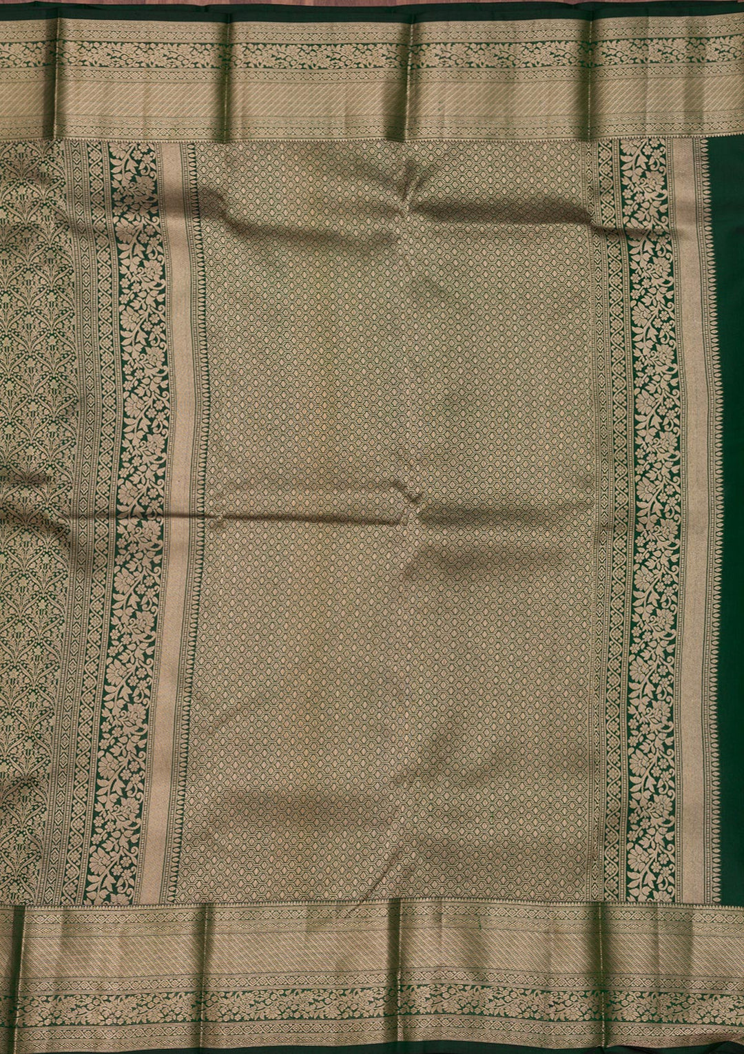 Bottle Green Silk Jaal Gold Zariwork Saree With Matching Blouse Piece