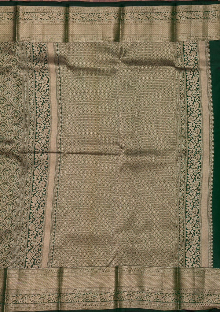 Bottle Green Silk Jaal Gold Zariwork Saree With Matching Blouse Piece
