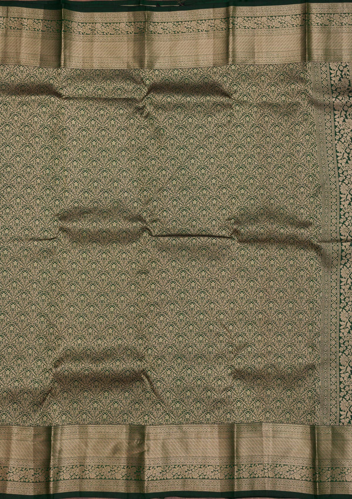 Bottle Green Silk Jaal Gold Zariwork Saree With Matching Blouse Piece