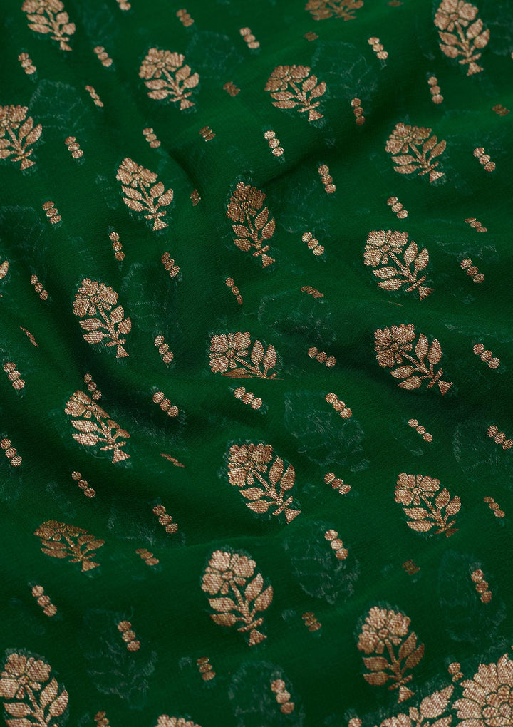 Bottle Green Georgette Jaal Gold Zariwork Saree With Matching Blouse Piece