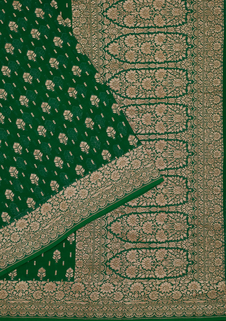 Bottle Green Georgette Jaal Gold Zariwork Saree With Matching Blouse Piece