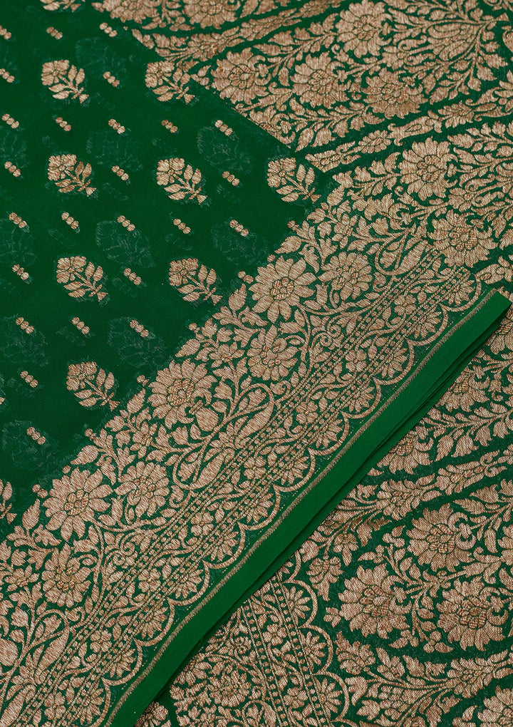 Bottle Green Georgette Jaal Gold Zariwork Saree With Matching Blouse Piece
