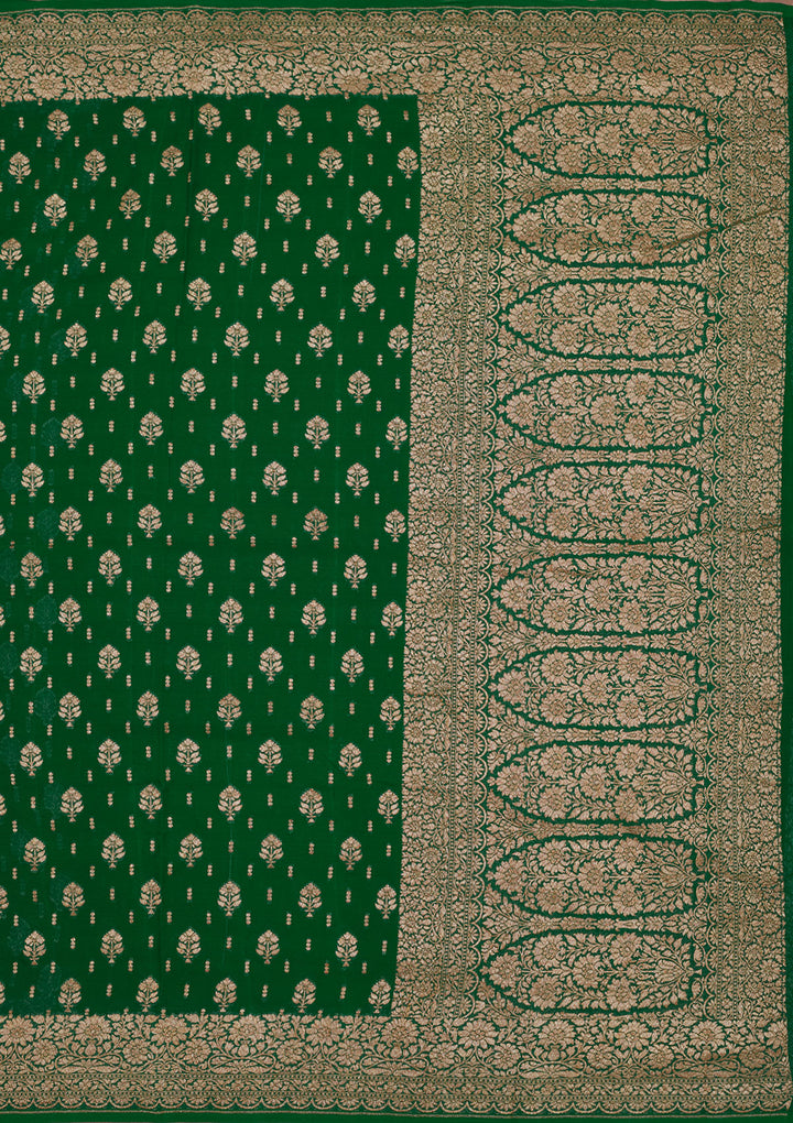 Bottle Green Georgette Jaal Gold Zariwork Saree With Matching Blouse Piece