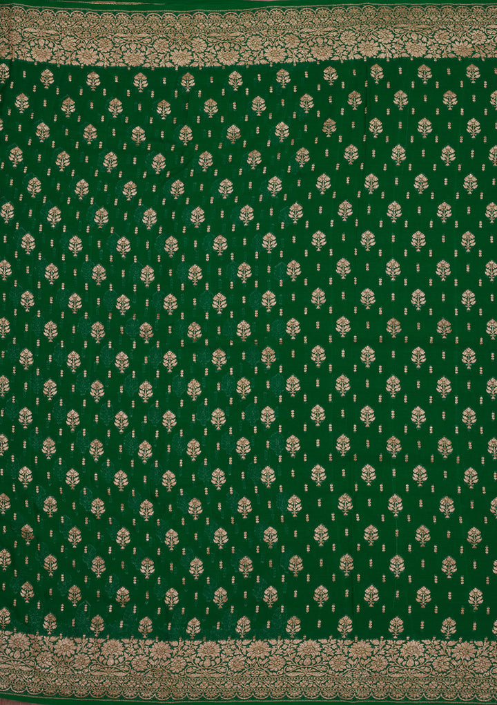 Bottle Green Georgette Jaal Gold Zariwork Saree With Matching Blouse Piece