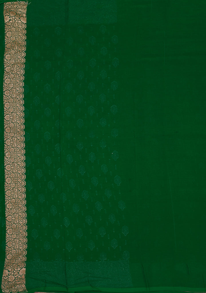 Bottle Green Georgette Jaal Gold Zariwork Saree With Matching Blouse Piece