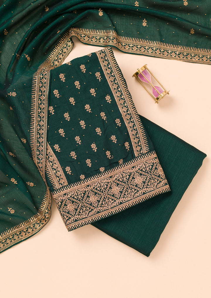 Bottle Green Soft Raw Silk Gold Zariwork Unstitched Dress Material With Matching Bottom And Dupatta
