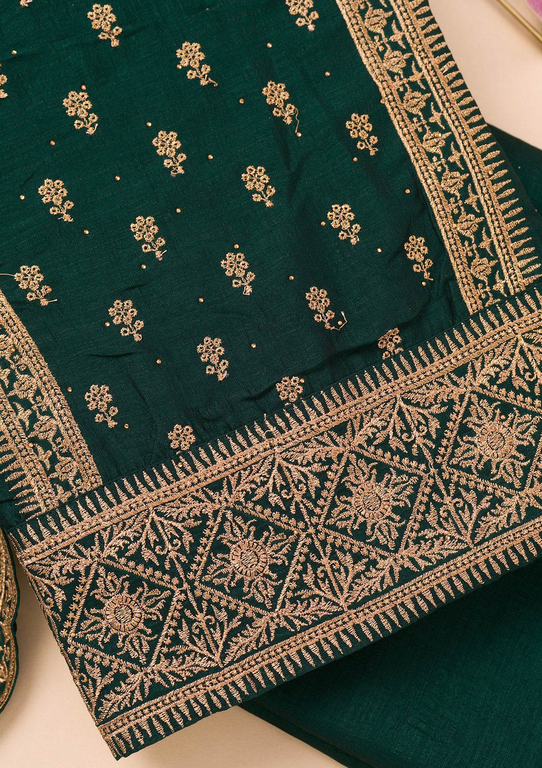 Bottle Green Soft Raw Silk Gold Zariwork Unstitched Dress Material With Matching Bottom And Dupatta