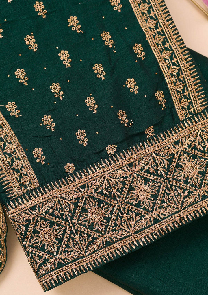 Bottle Green Soft Raw Silk Gold Zariwork Unstitched Dress Material With Matching Bottom And Dupatta