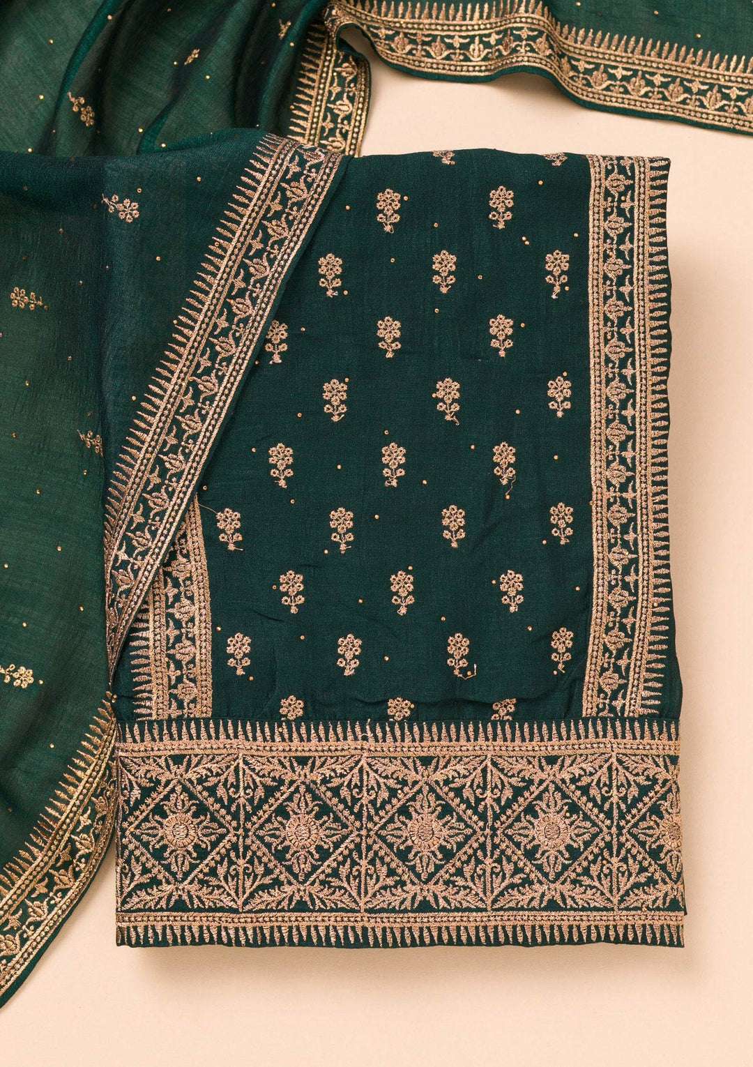 Bottle Green Soft Raw Silk Gold Zariwork Unstitched Dress Material With Matching Bottom And Dupatta