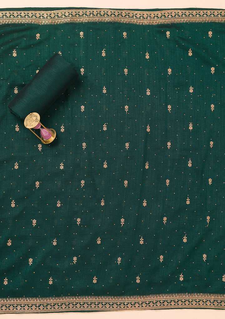 Bottle Green Soft Raw Silk Gold Zariwork Unstitched Dress Material With Matching Bottom And Dupatta