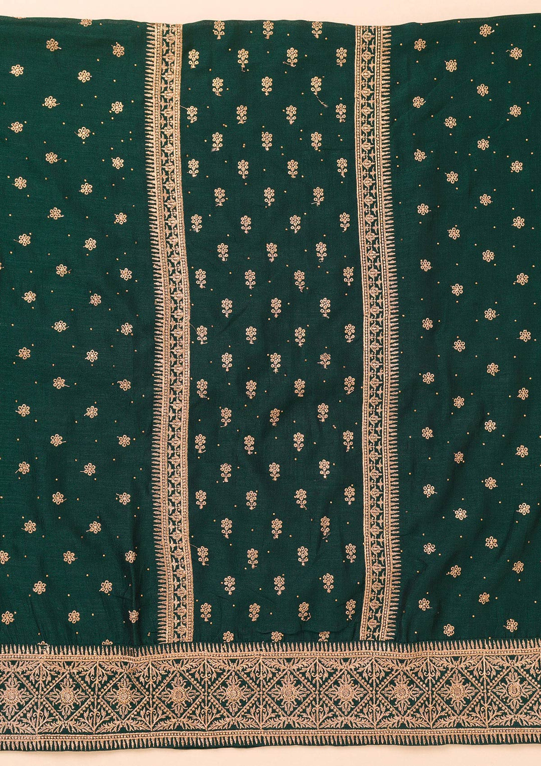Bottle Green Soft Raw Silk Gold Zariwork Unstitched Dress Material With Matching Bottom And Dupatta